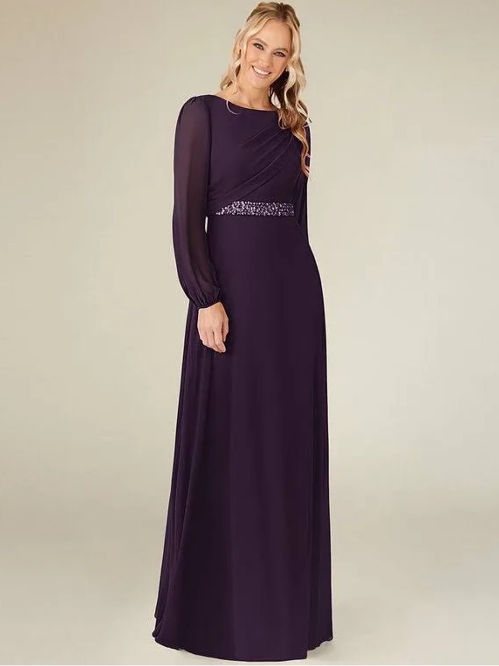 Azazie Long Sleeve Chiffon Maxi Dress in Deep Plum